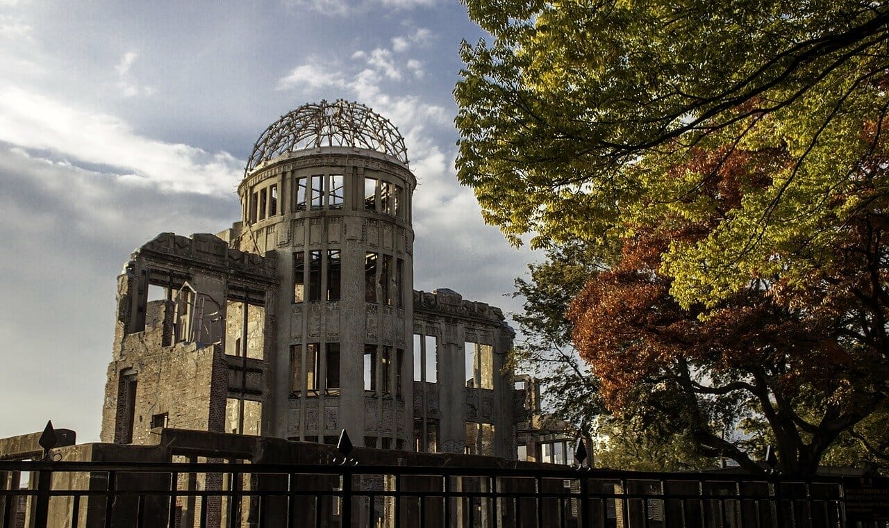 <span style="color: #ffffff;">The A-Bomb Dome is the skeletal ruins of the former Hiroshima Prefectural Industrial Promotion Hall.<br />It is the building closest to the hypocenter of the nuclear bomb that remained at least partially standing.</span>