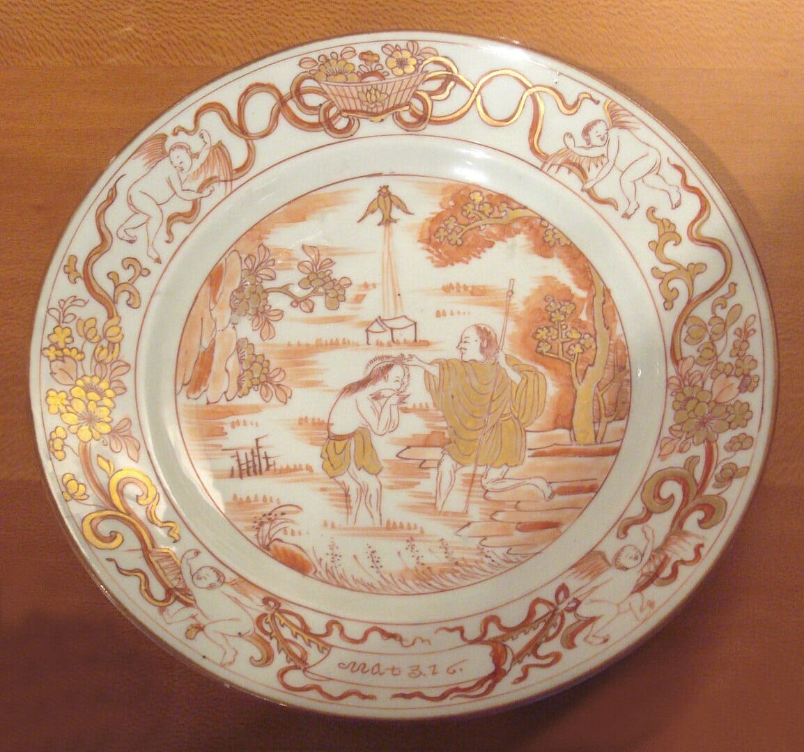 Qing export porcelain with European Christian scene, 1725–1735.